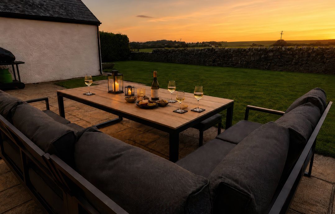 An outdoor seating area with drinks and snacks at Bryniau, Morfa Nefyn