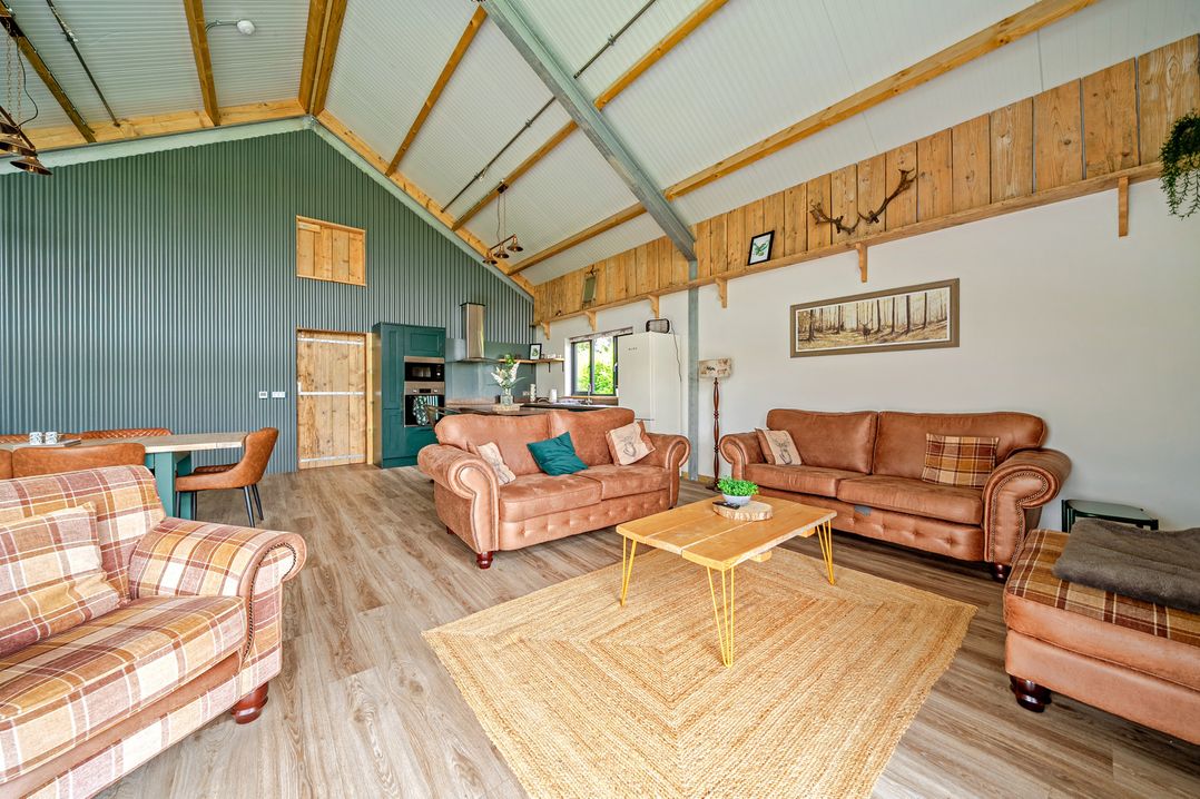 A living room with furniture and kitchen area at Bwncath Garthmyl