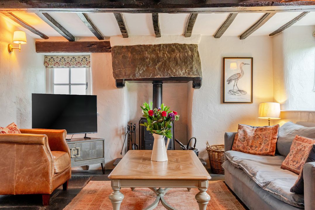 A living room with a television and a vase on a table at Hullet Hall at the Graythwaite Estate near Hawkshead