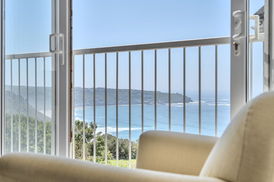 A view of the sea from a window at Brook House in Sennen Cove near St Just