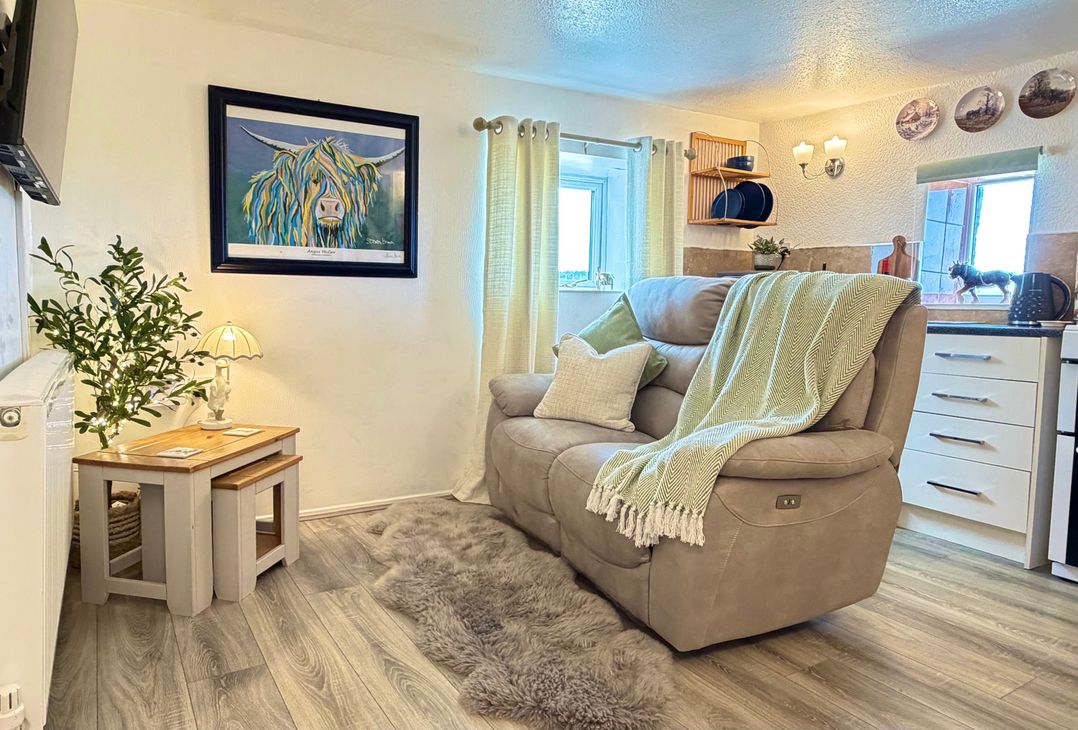 A living room with a sofa and lamp at Wayside Farm Cart Cottage Cloughton near Burniston