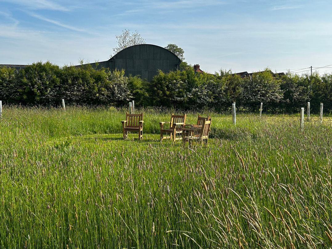 A garden with chairs and a table in the grass at Keepers Cottage in West Knoyle