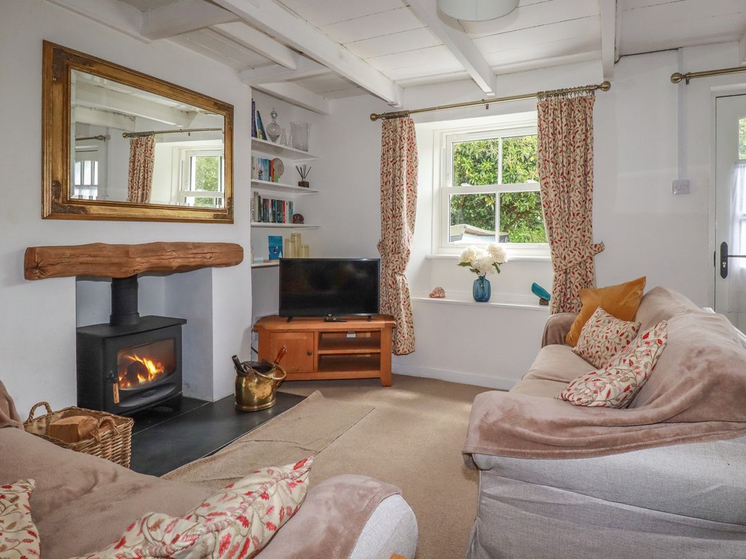 A living room with a sofa and television at Gwynn Cottage in St Mabyn