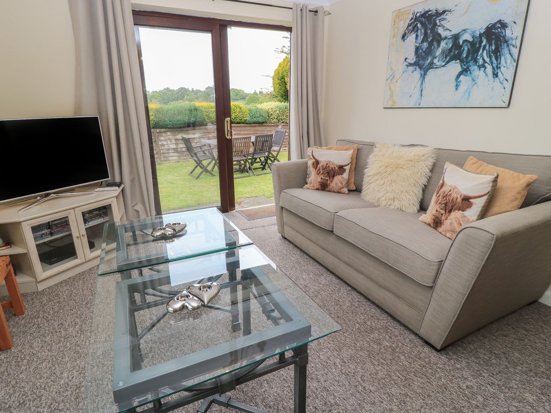 A living room with a television and a glass door leading to the garden at Ryecross Farm Cottage in Shaftesbury