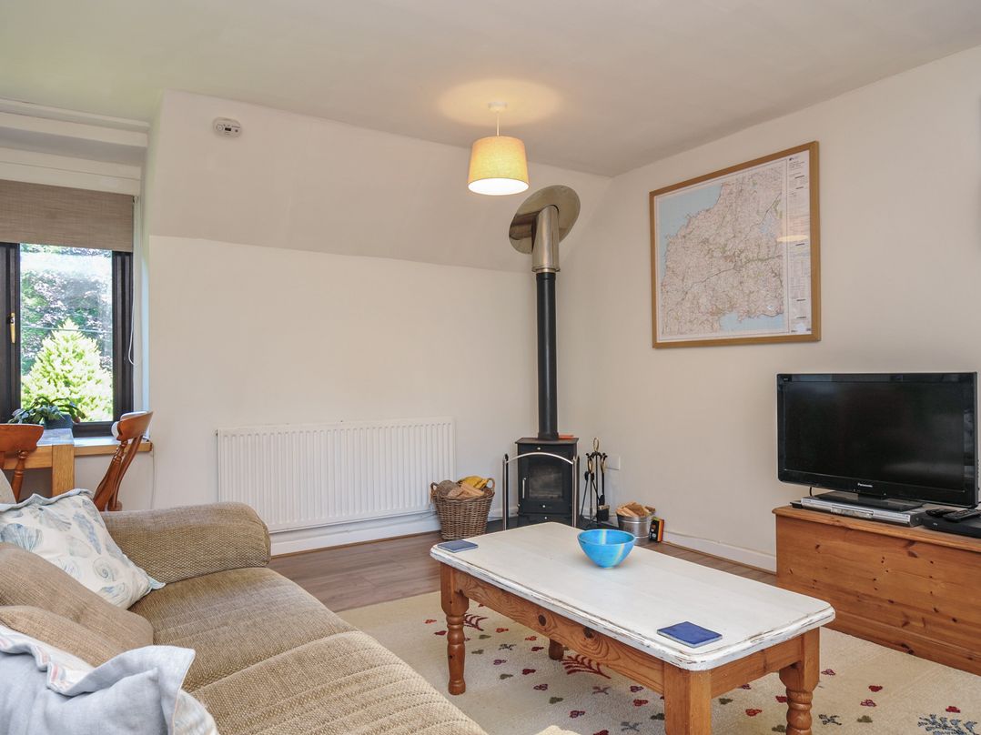 A living room with a television and wood stove at The Mews in Blisland