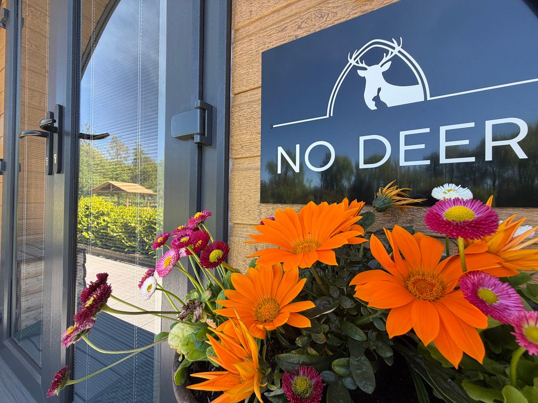 A door with a sign and flowers at No Deer in Ashbourne