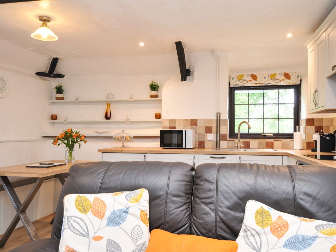 A kitchen with countertop and microwave at Windbury Cottage in Hartland