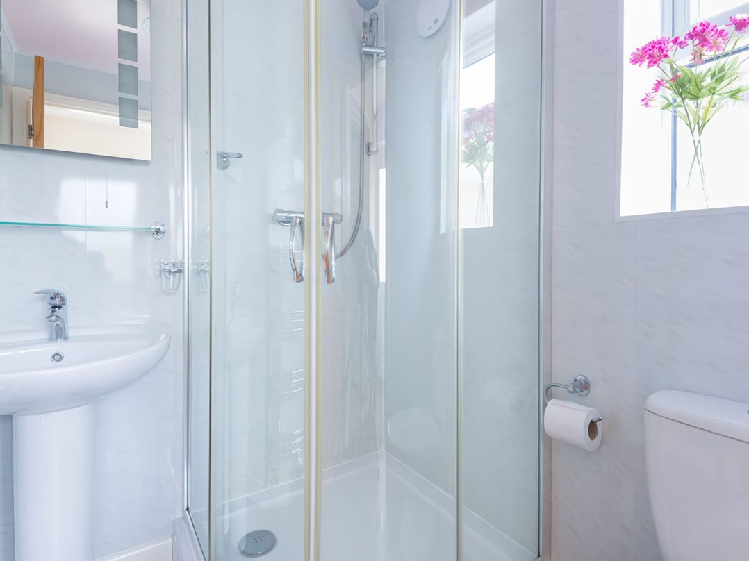 A bathroom with a shower enclosure a sink a toilet a window with flowers on the sill at Curlew in Rock