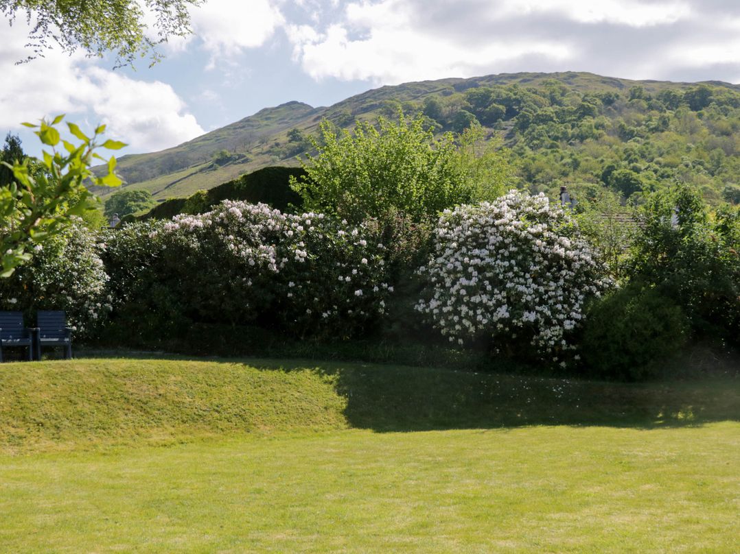 A garden with flowering bushes and green lawn with hills in the background at Beckside in Ambleside