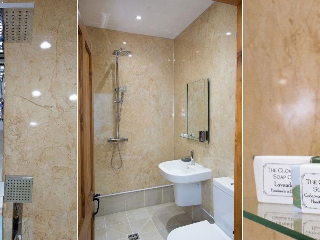 A bathroom with a shower, sink and toilet at Billy's Barn in Bradworthy