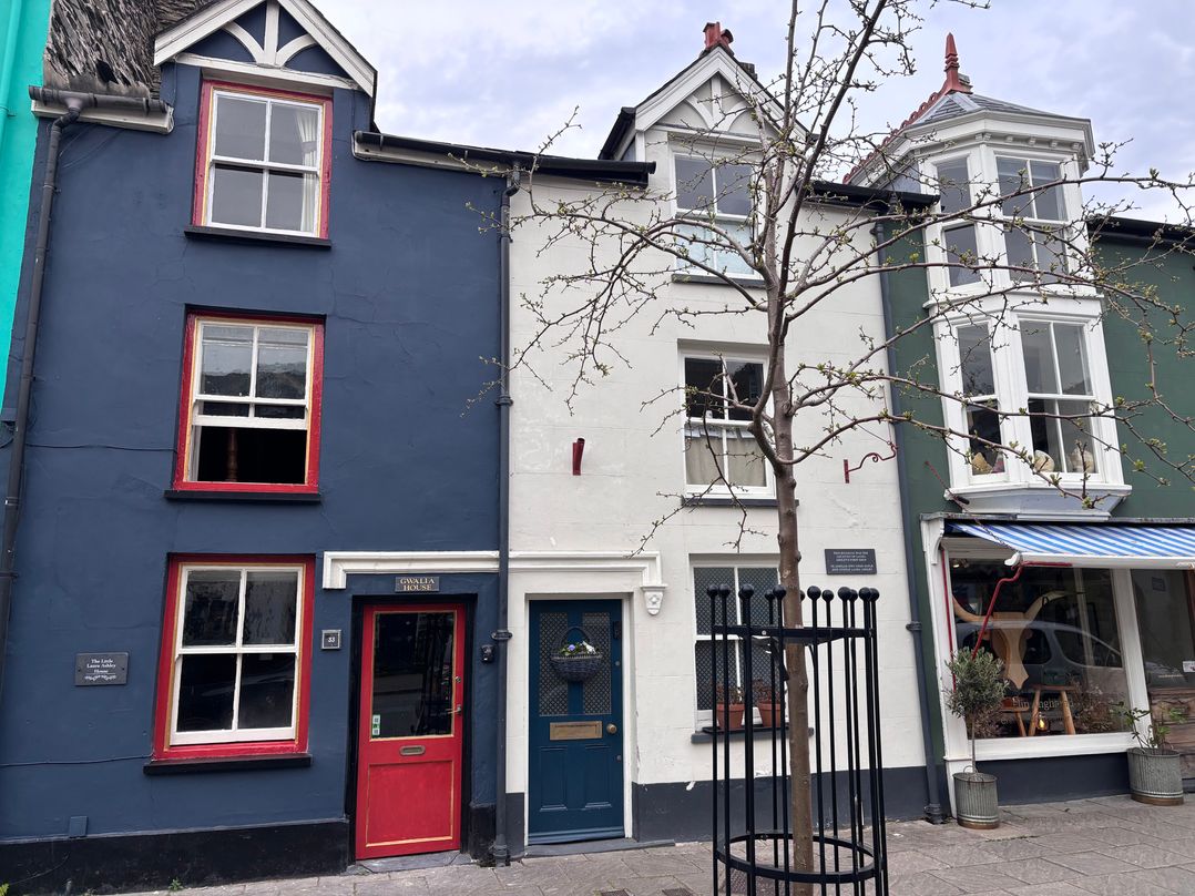 Three buildings with colorful facades and a tree in front at The Little Laura Ashley House Machynlleth