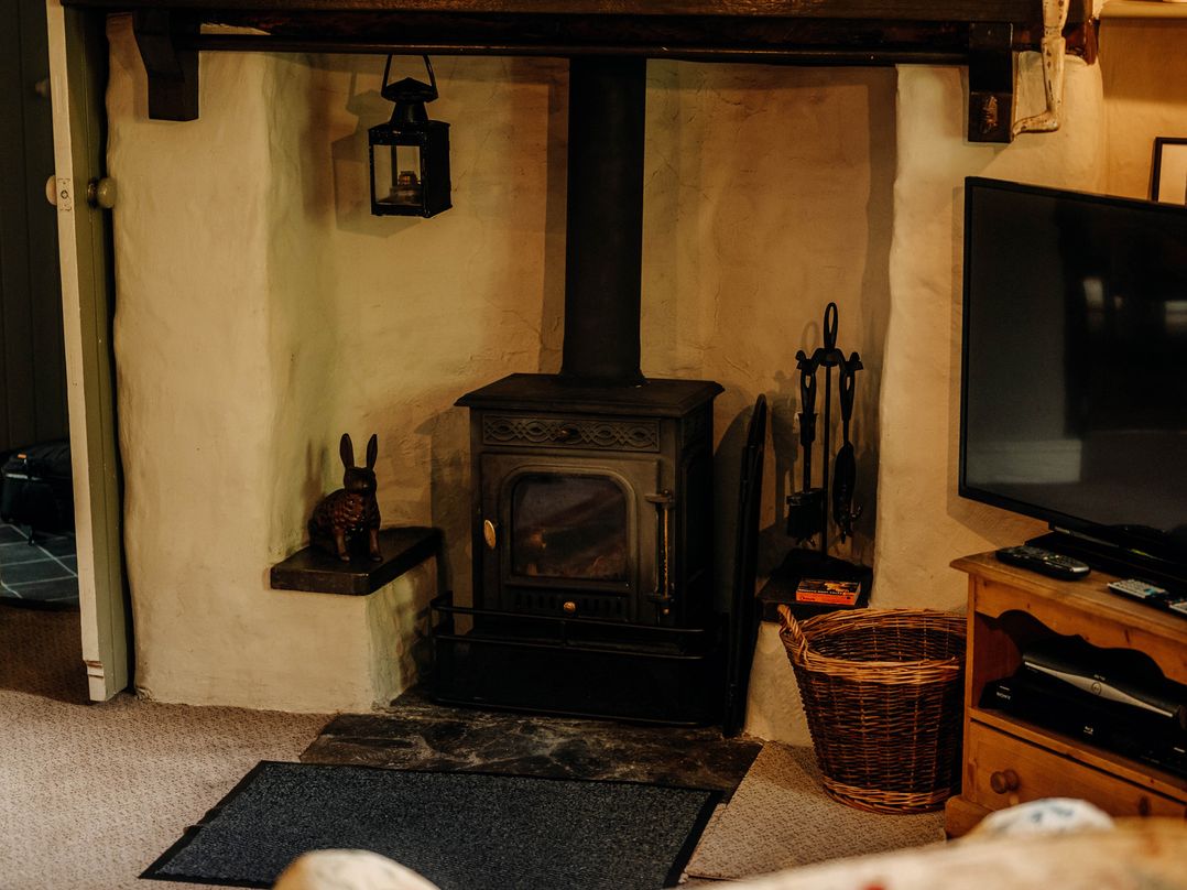 A living room with a stove and television at The Wilderness in Stiperstones