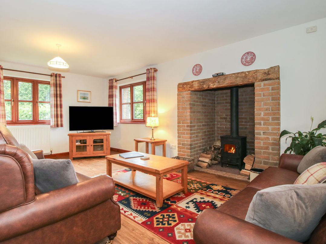 A living room with a fireplace and television at Byne Brook Cottage in Strefford near Craven Arms