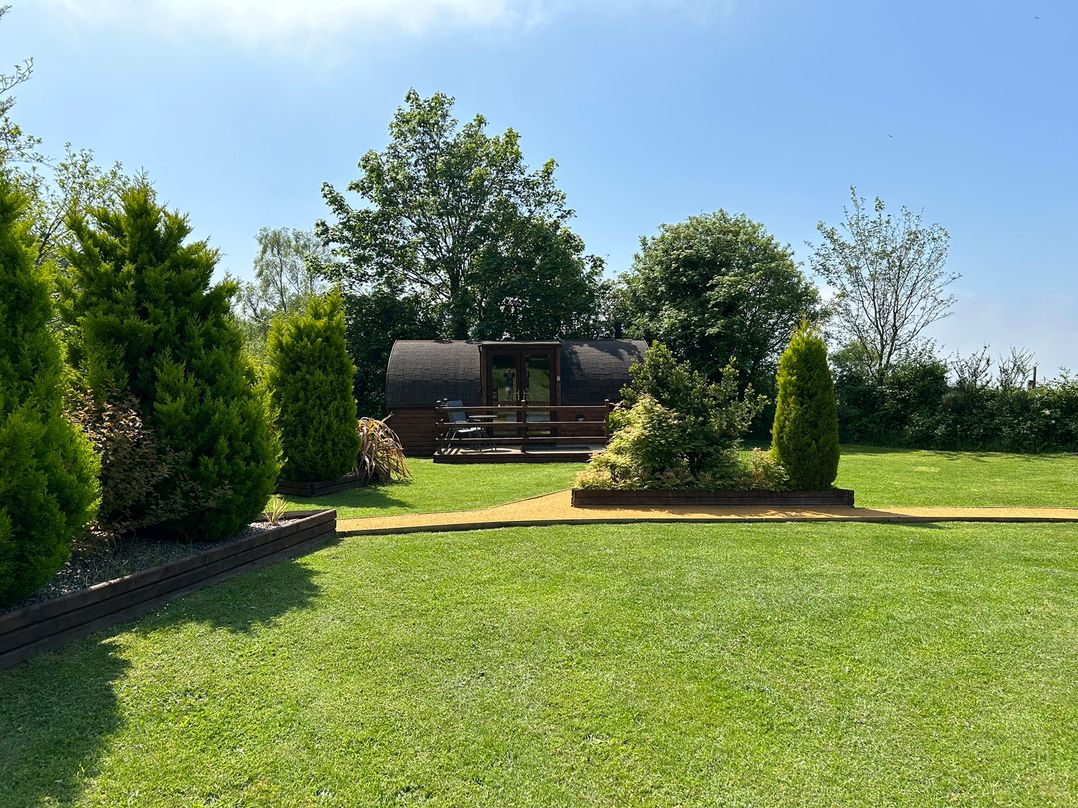 A garden with a pod and trees at Gelert Pod St Asaph