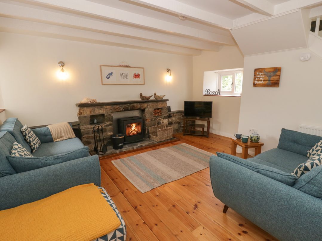 A living room with a fireplace and sofas at Little Barn Cottage in Dinas Cross, Pembrokeshire