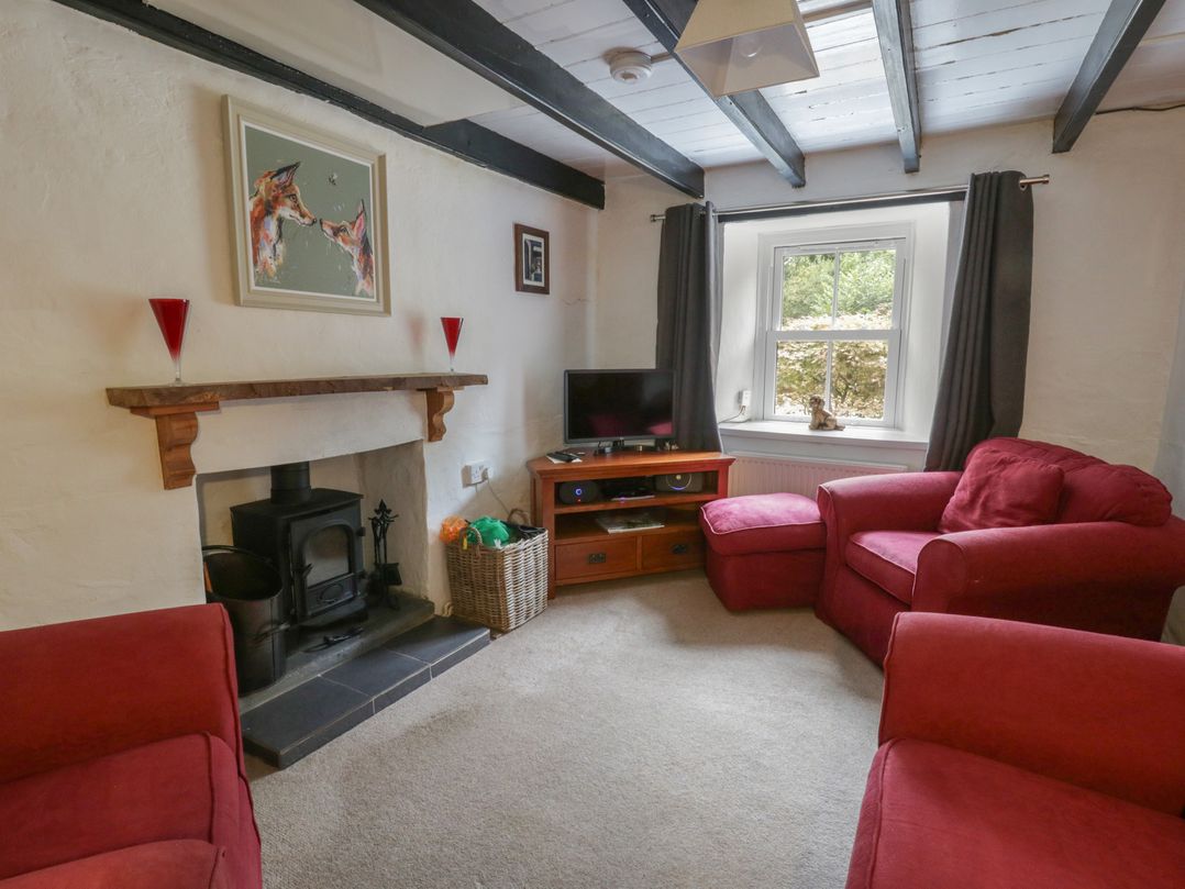 A living room with a fireplace and sofa at Panteg, Cardigan Llangoedmor Cardigan