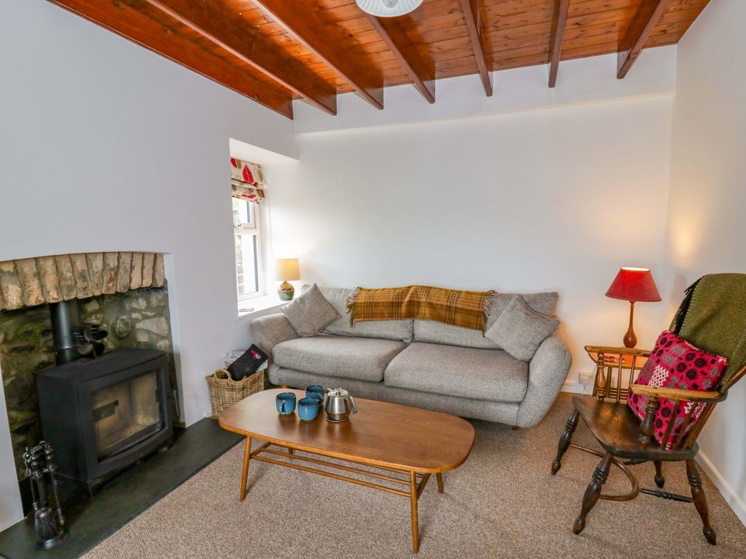 A living room with a sofa, table, and fireplace at Ceunant near Newport