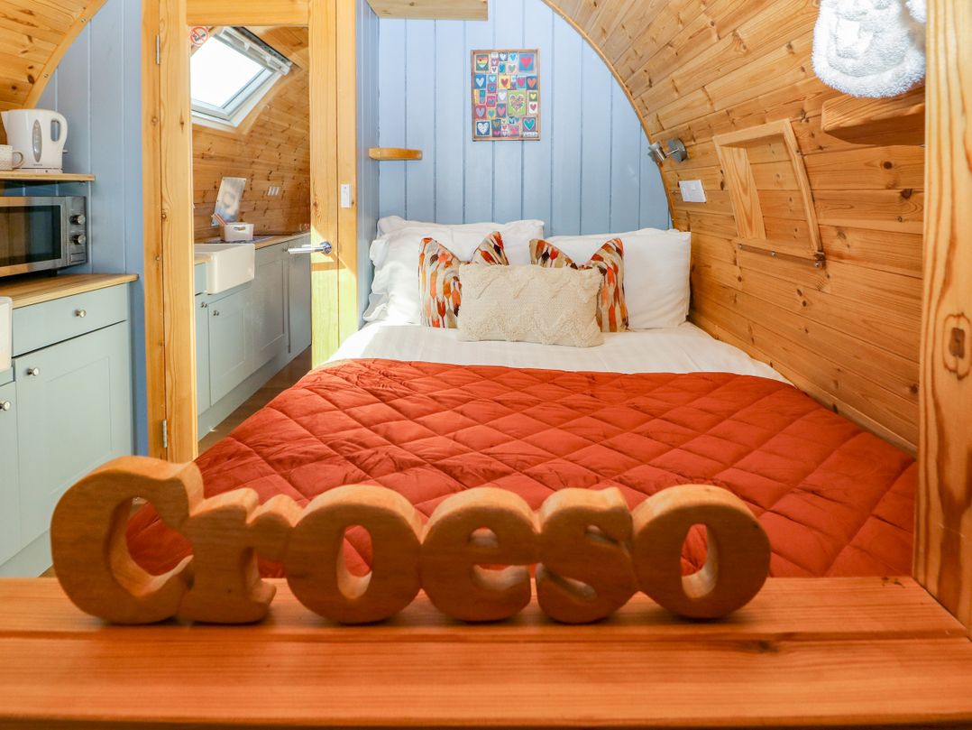 A bedroom with a bed and kitchenette area at Ty Twt Teifi in Llanddewi-Brefi