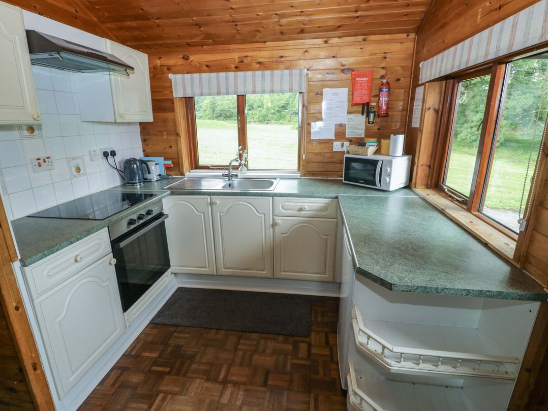 A kitchen with cabinets and appliances at Ash Lodge in Mynydd Cerrig near Porthyrhyd