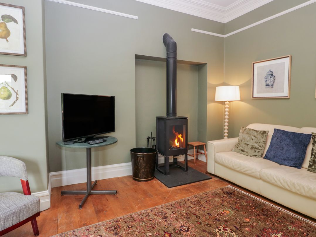 A living room with a stove and television at The Boundary in Windermere