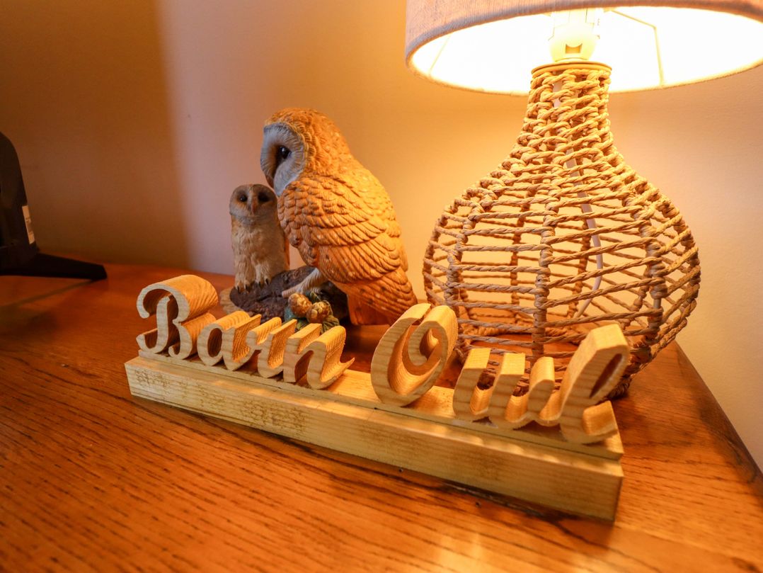 A wooden display with owl figurines and a lamp at Barn Owl near Louth