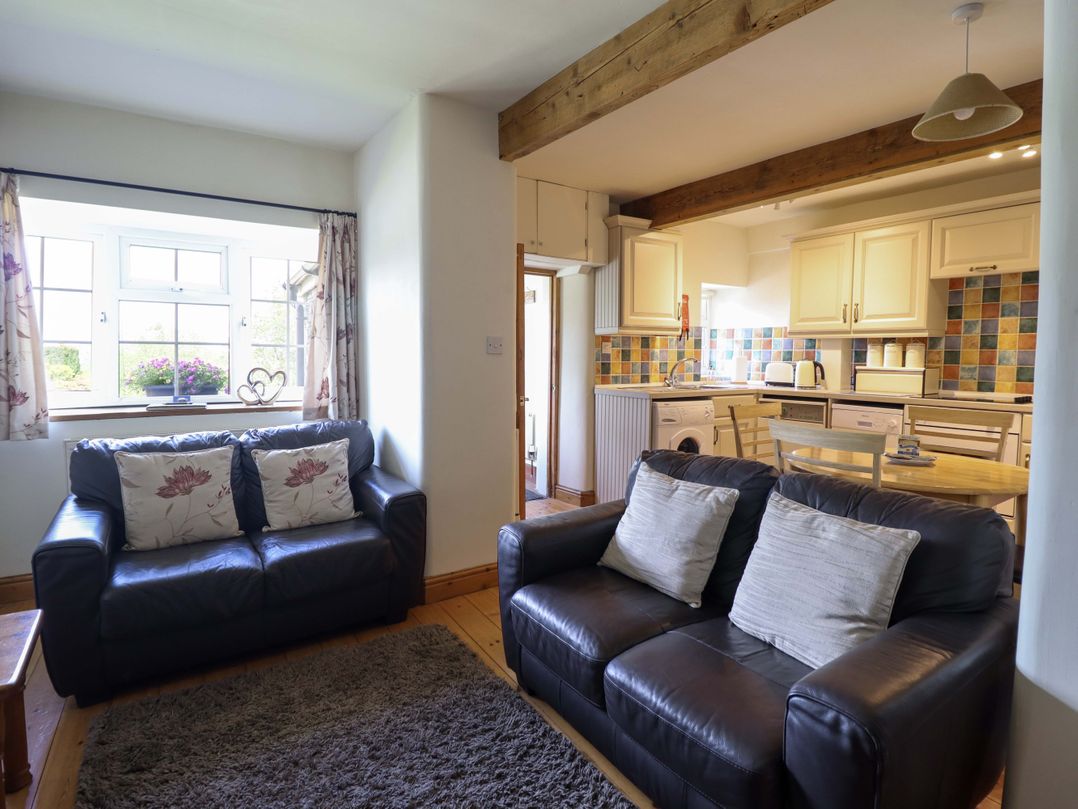 A living room with a sofa and kitchen area at Stabal Cottage in Dolgellau