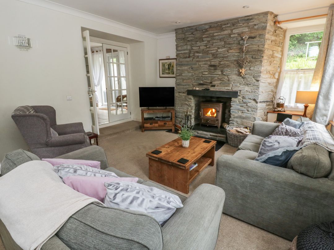 A living room with a television and fireplace at Teifi House in Cilgerran near Cardigan