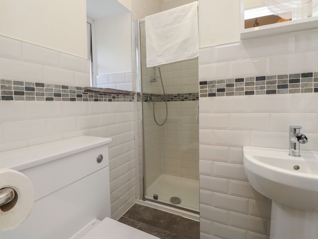 A bathroom with a shower, toilet, and sink at Beudy'r Wennol Groeslon