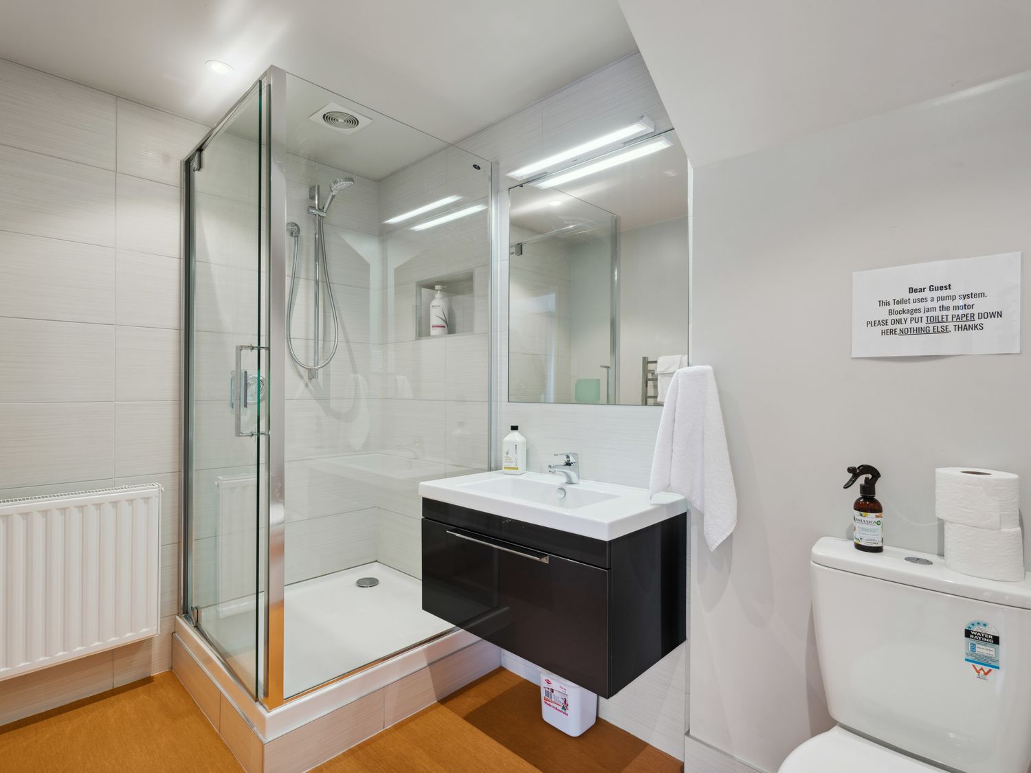 A bathroom with a glass shower enclosure sink with cabinet large mirror and toilet with cleaning items at Central Southern Lakes - Queenstown Holiday Home in Queenstown