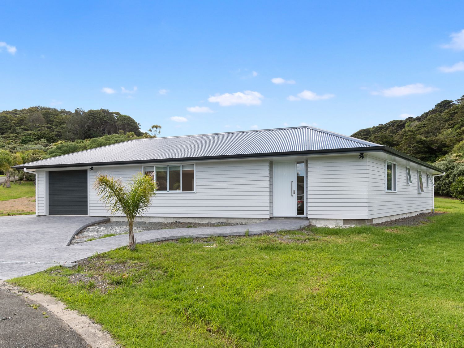A single story house with a gray roof a garage and a small palm tree in front at The Platinum Rendezvous - Matapouri Holiday Home in Matapouri
