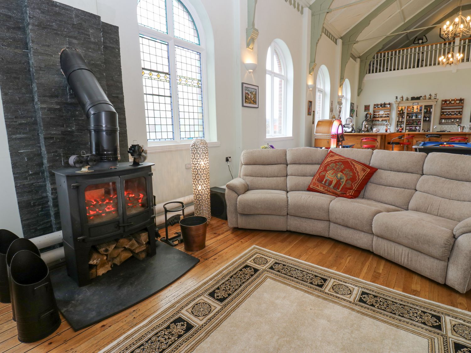 The Miners Hall in Stanley, County Durham. Chapel conversion. Stained-glass windows. Hot tub. Sauna.