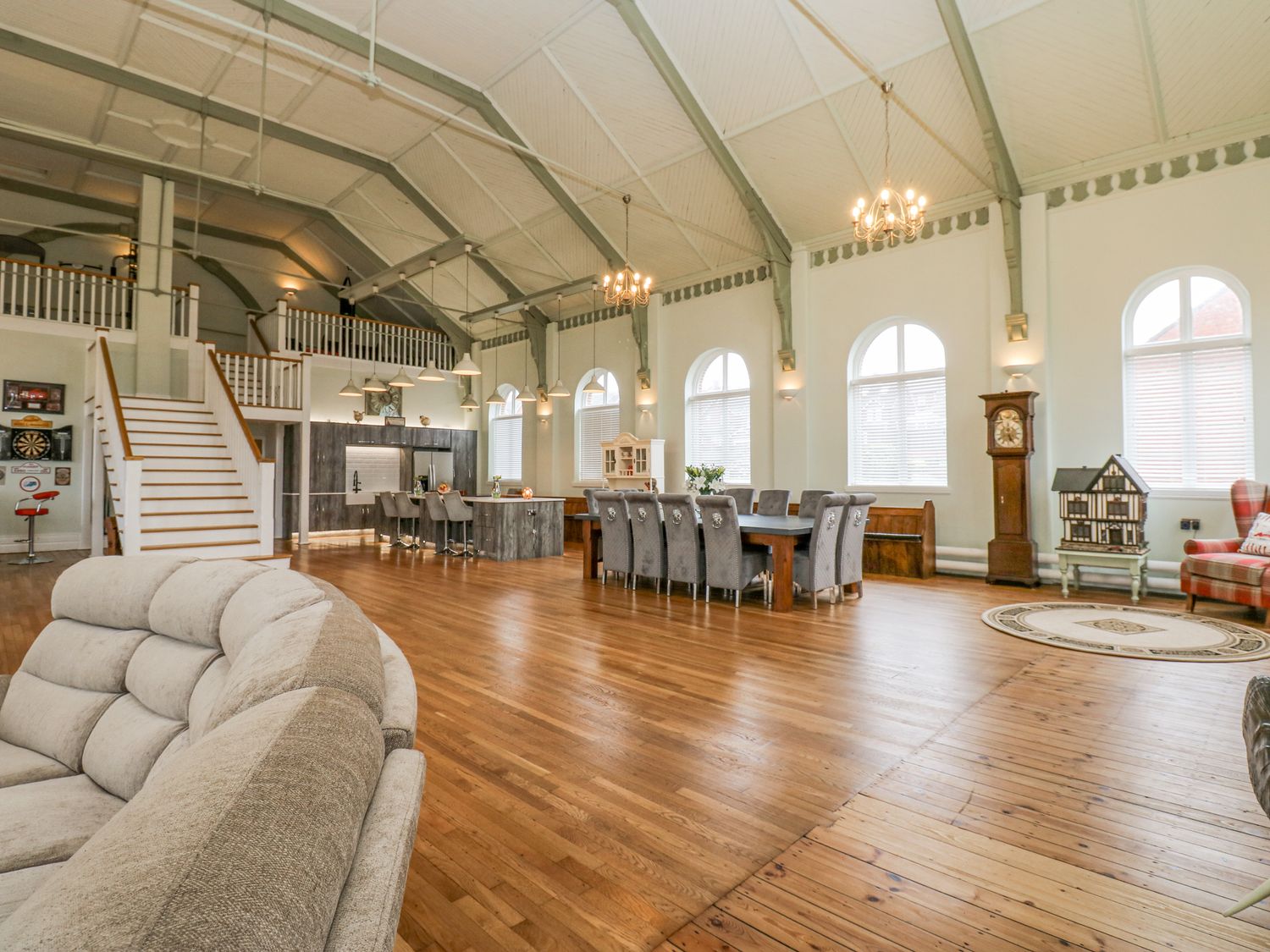 The Miners Hall in Stanley, County Durham. Chapel conversion. Stained-glass windows. Hot tub. Sauna.