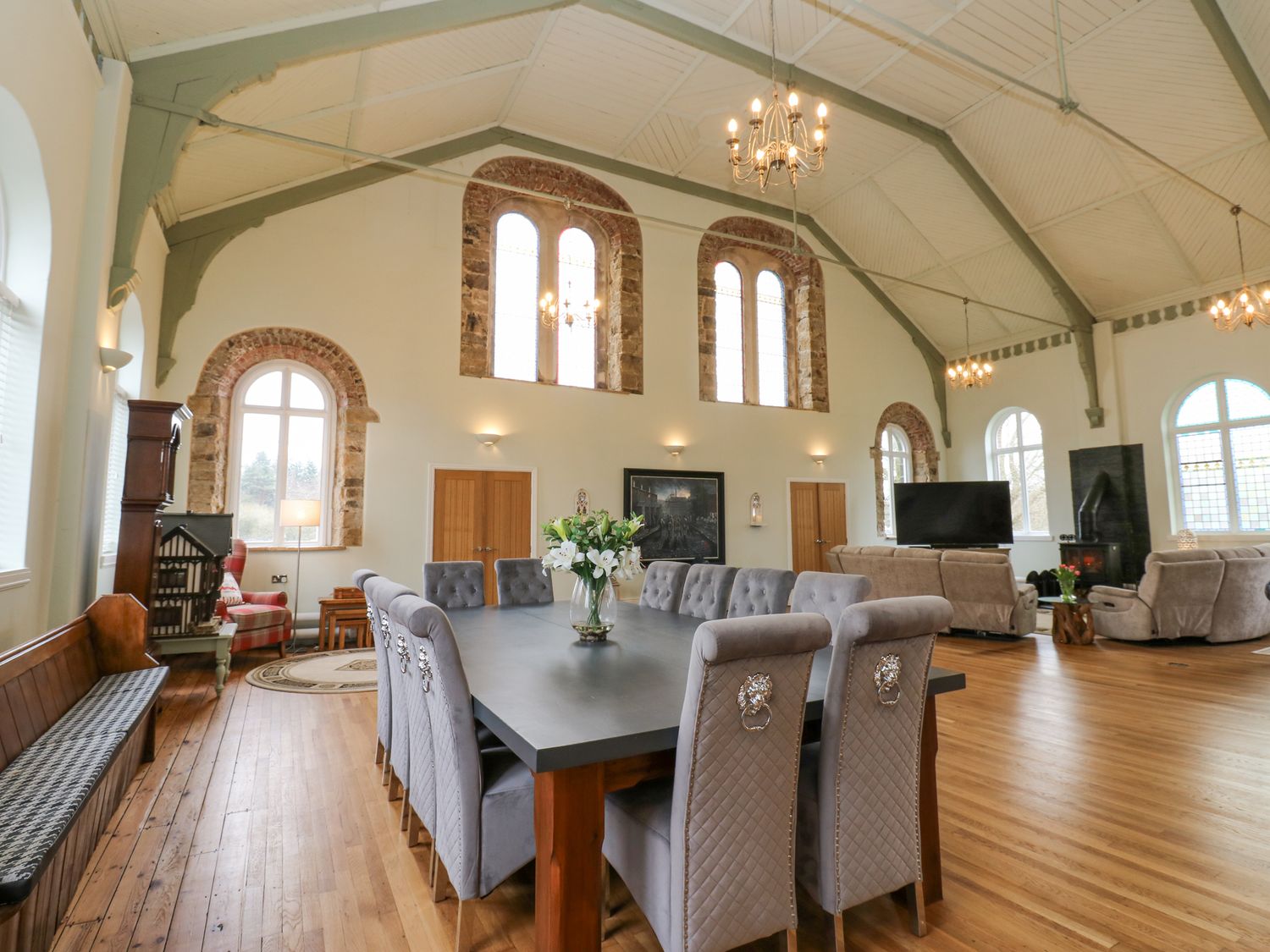 The Miners Hall in Stanley, County Durham. Chapel conversion. Stained-glass windows. Hot tub. Sauna.