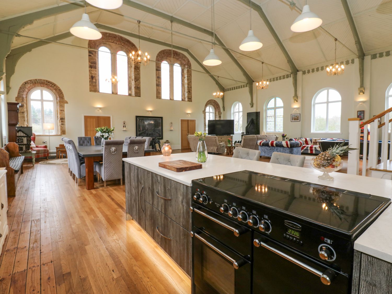 The Miners Hall in Stanley, County Durham. Chapel conversion. Stained-glass windows. Hot tub. Sauna.