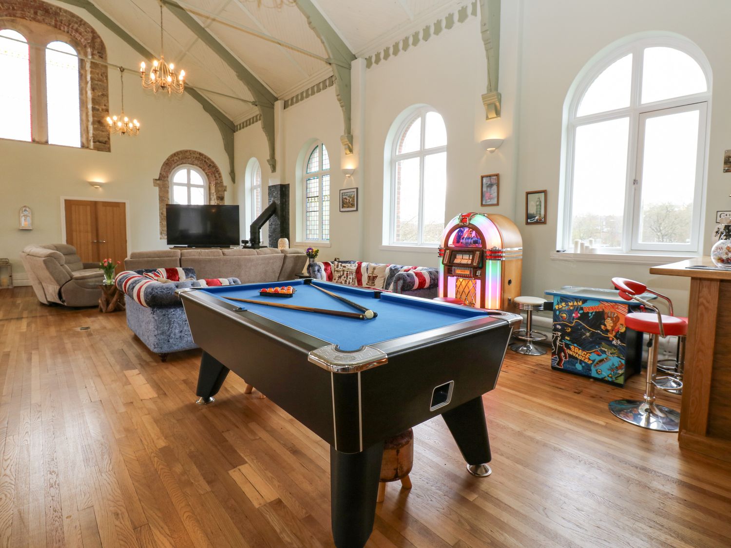 The Miners Hall in Stanley, County Durham. Chapel conversion. Stained-glass windows. Hot tub. Sauna.