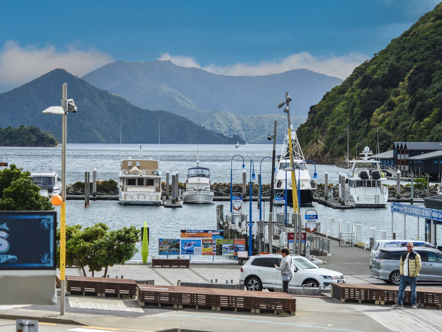 A marina with boats docked by the water with mountains in the background at The White House - Picton Retreat in Picton