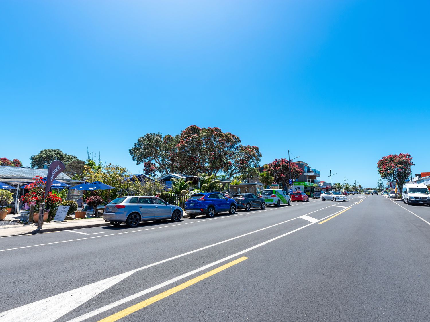 A street with parked cars on both sides and shops with trees along the road at The Wallnutt Nook - Waihi Beach