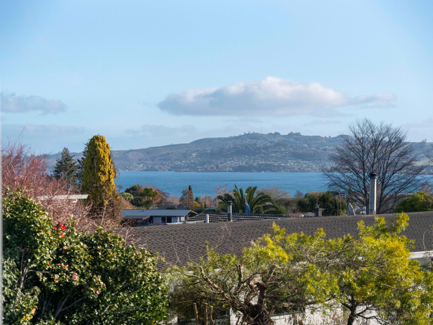 A view of water and mountains from Taupo view road holiday home in Taupo