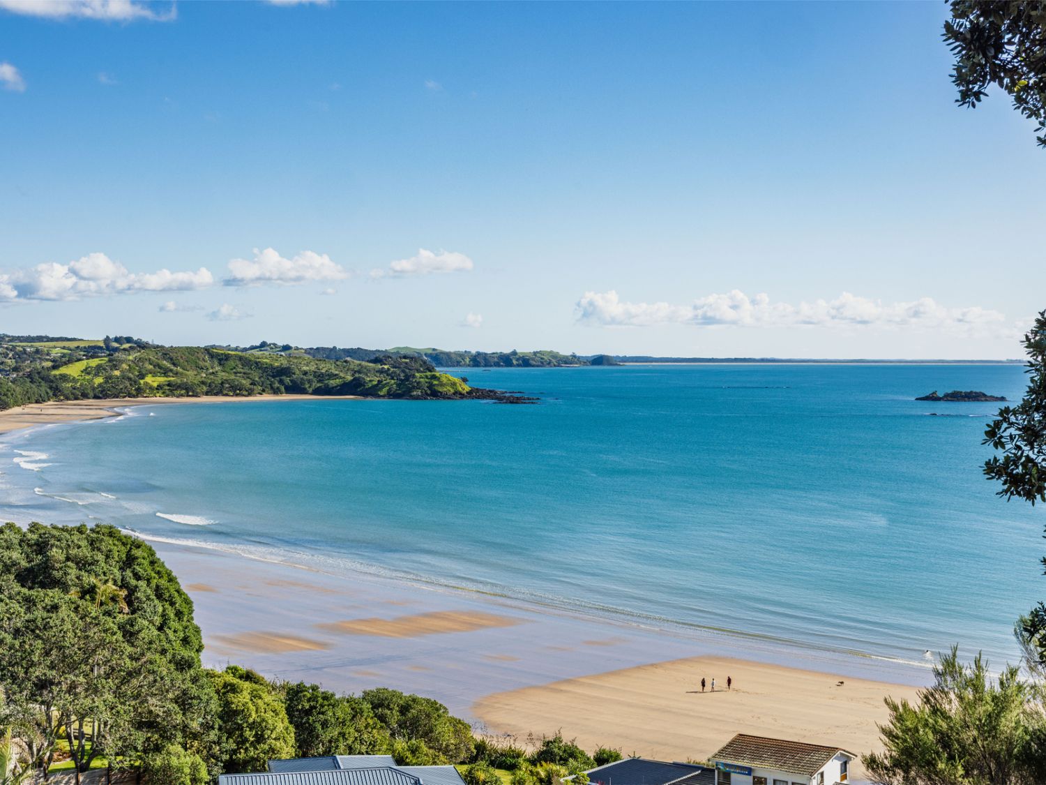 A beach view with ocean and trees at Paua Shell - Coopers Beach Holiday Home, Coopers Beach