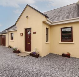 A yellow house with a dark brown door and windows with flower pots on a gravel driveway at Silver Birch in Dromelihy Cooraclare County Clare