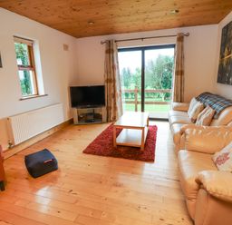 A living room with leather sofas a wooden coffee table a red rug a TV on a stand and sliding glass doors at Silver Birch in Dromelihy Cooraclare County Clare