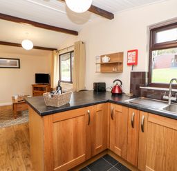 A kitchen with wooden cabinets a black countertop a sink and a window looking outside with a living room area in the background at Daffodil Lodge Saltburn-by-the-Sea