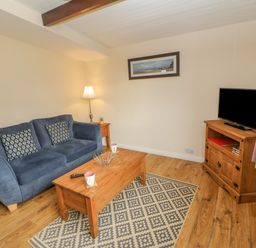 A living room with a blue sofa two patterned cushions wooden coffee table wooden tv stand and a floor lamp at Orchid Lodge in Saltburn-by-the-Sea