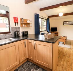 A kitchen area with a sink toaster and kettle next to a living room with a coffee table sofa and television at Foxglove Lodge in Saltburn-By-The-Sea