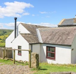 A small white cottage with a tiled roof and a chimney in a rural setting at Dale View Cottage in Allendale near Hexham