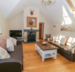 A sitting room with two couches a coffee table and a fireplace at Bwthyn Carregwen in Dwygyfylchi