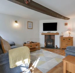 A living room with two sofas a fireplace and a wall mounted television at Meadow View Cottage in Lympstone