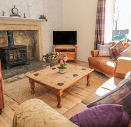 A living room with a wood stove fireplace two leather sofas a wooden coffee table and a TV at Baytree in Alnwick