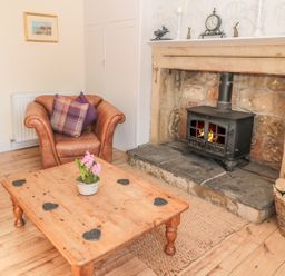 A room with a wooden coffee table with a flower pot a leather armchair a stone fireplace with a wood stove and a basket of logs at Baytree in Alnwick