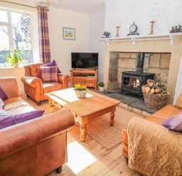 A living room with leather sofas a wooden coffee table a wood burning stove and a television at Appletree in Alnwick